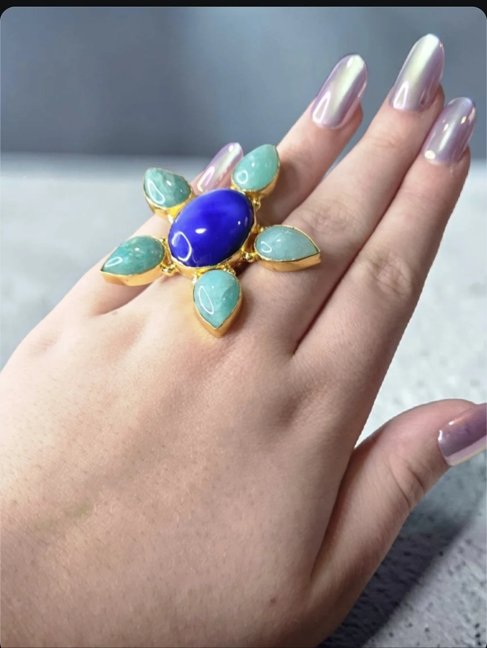 Huge 18k Gold Plated Artisan Blue Agate Amazonite Stone Crystal Star Ring